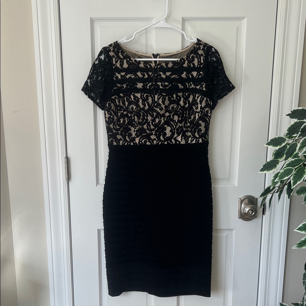 Adrianna Papell Black and Cream Lace Midi Dress